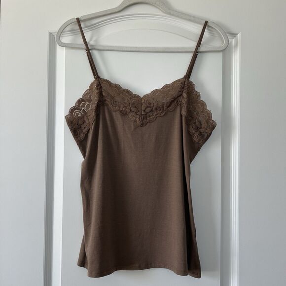 Garnet Hill Lace Accented Cami Tank Brown Womens Size Medium Adjustable Straps - Picture 1 of 8